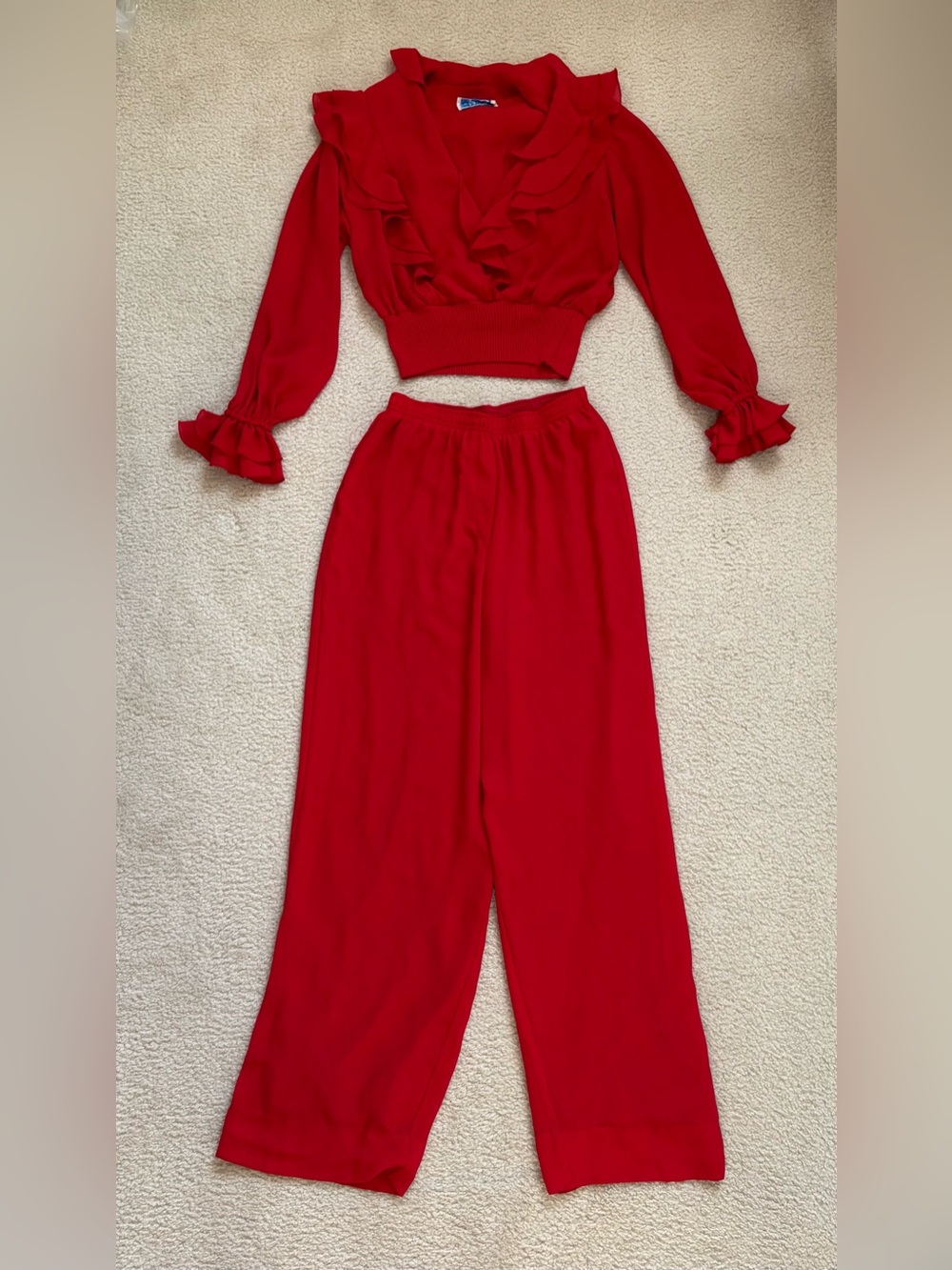 Vintage 80s Rina Rossi red 2-pc set, pull on pants ruffle blouse sz 10 bold chic